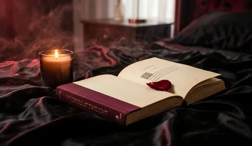 Open book on black silk with a rose petal and warm candlelight, sultry burgundy mood lighting