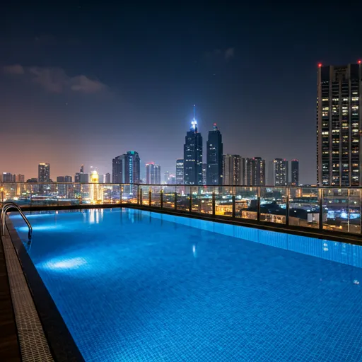 Lifestyle swinger rooftop swimming pool at night with ambient lighting